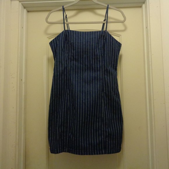 CUTE FOREVER 21 DARK JEAN STRIPES SEXY SUNDRESS LG - Picture 1 of 6